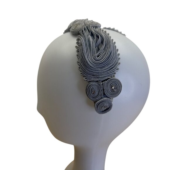 Handcrafted Silver Gray Ribbon Fascinator With Swirl & Bead Detailing For Women